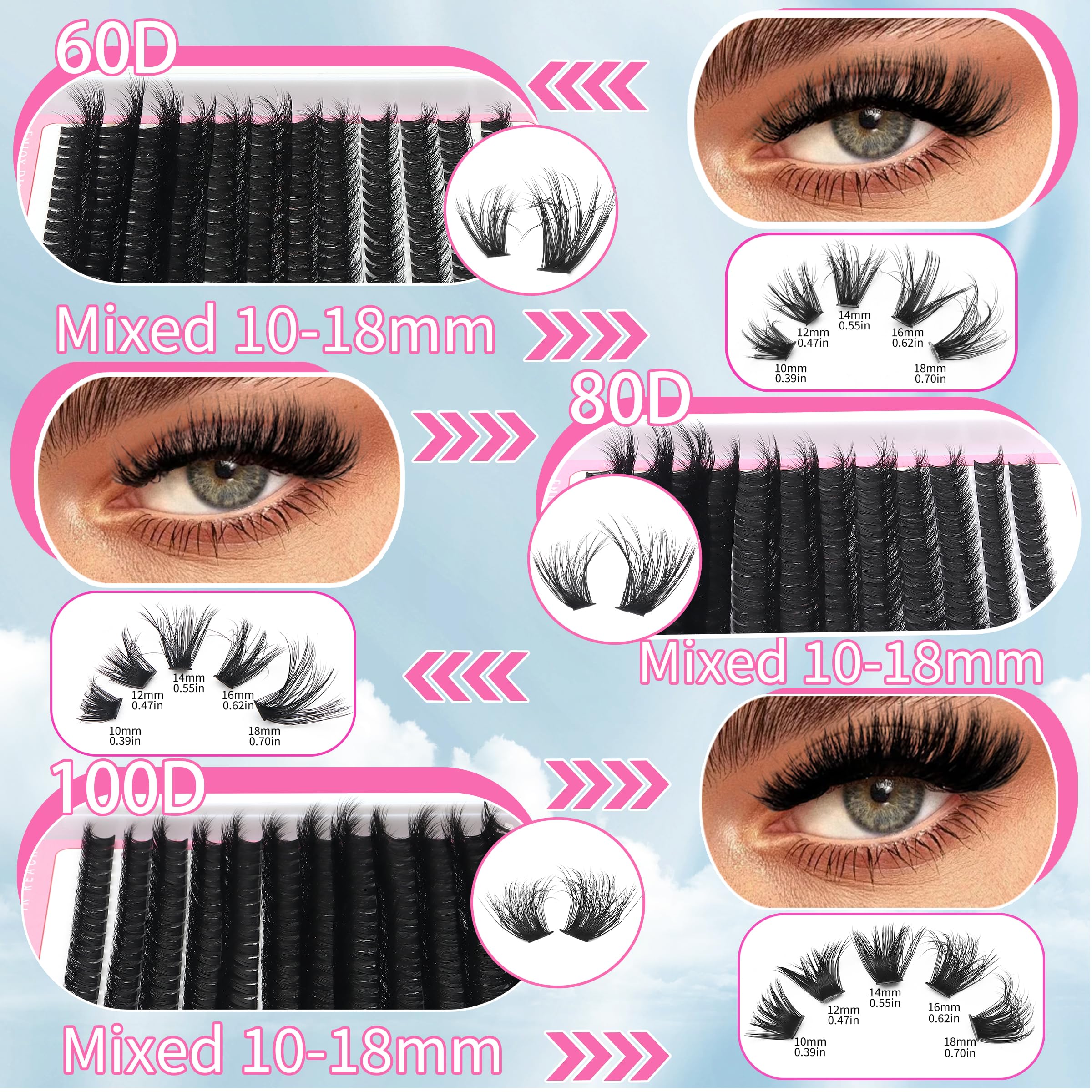YIDUO Volume Lashes Cluster Kit 60D+80D+100D – 696Pcs DIY Lash Extensions