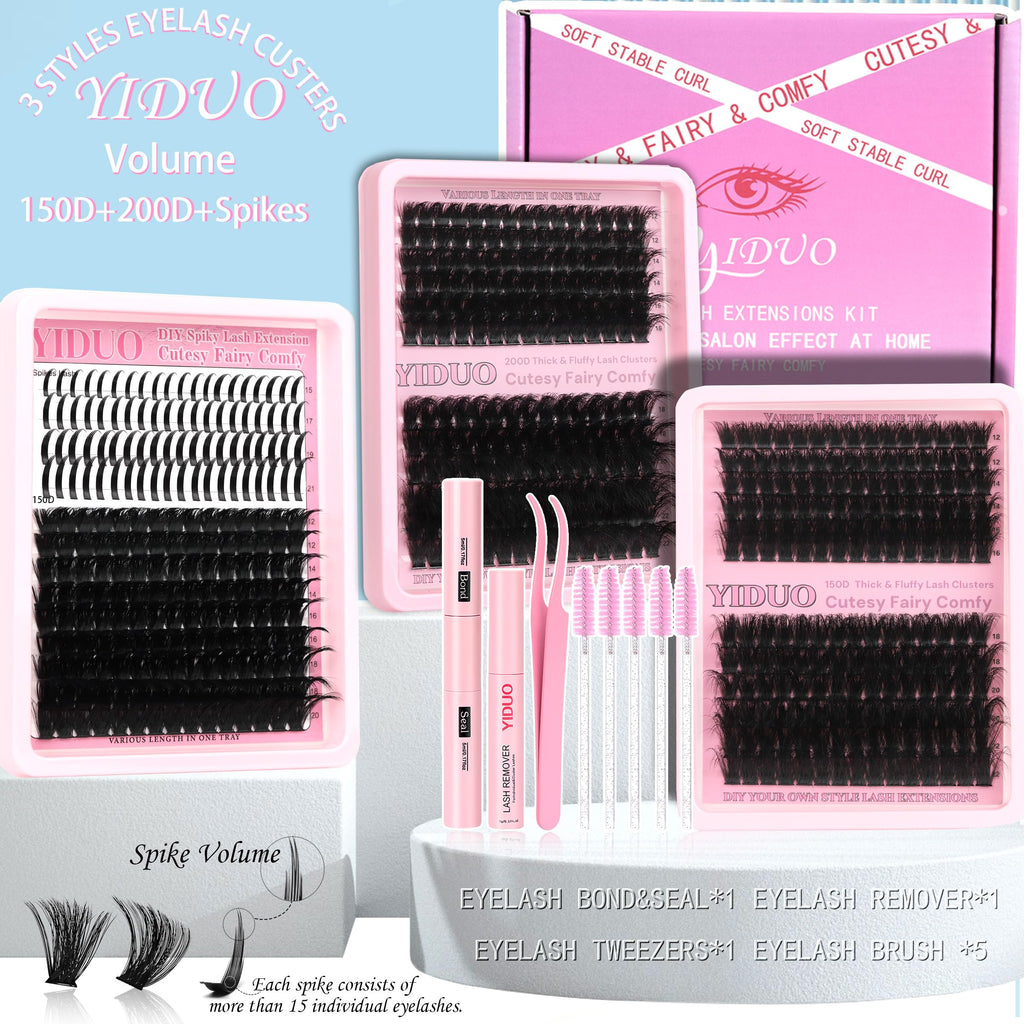 YIDUO 575Pcs Lashes Clusters Kit with Glue & Removers – D Curl 150D/200D, 12–21mm DIY Home Lash Extensions