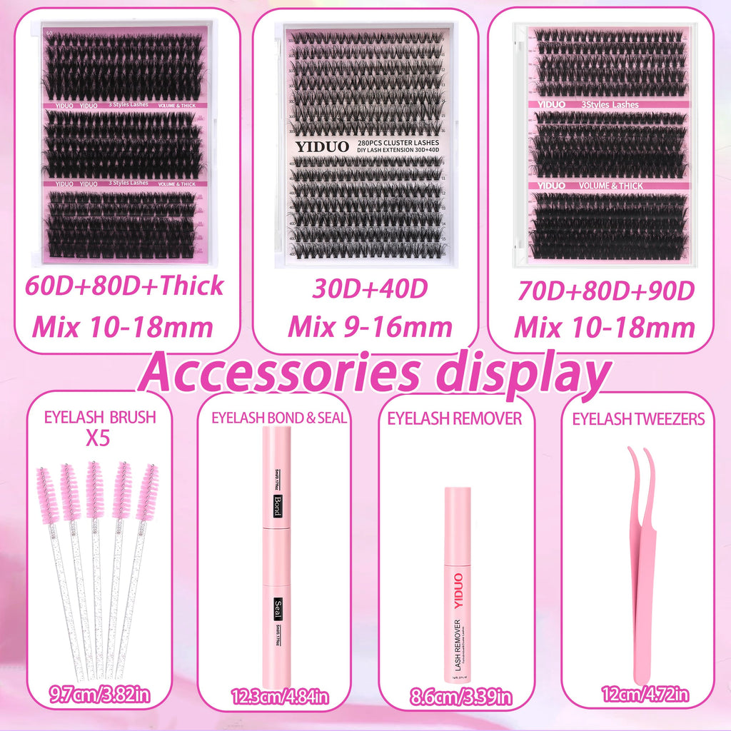 YIDUO YlDUO Lashes Clusters Kit – 835 Pcs, 7-Style Mix, C-Curl DIY Extensions Kit 9–18mm