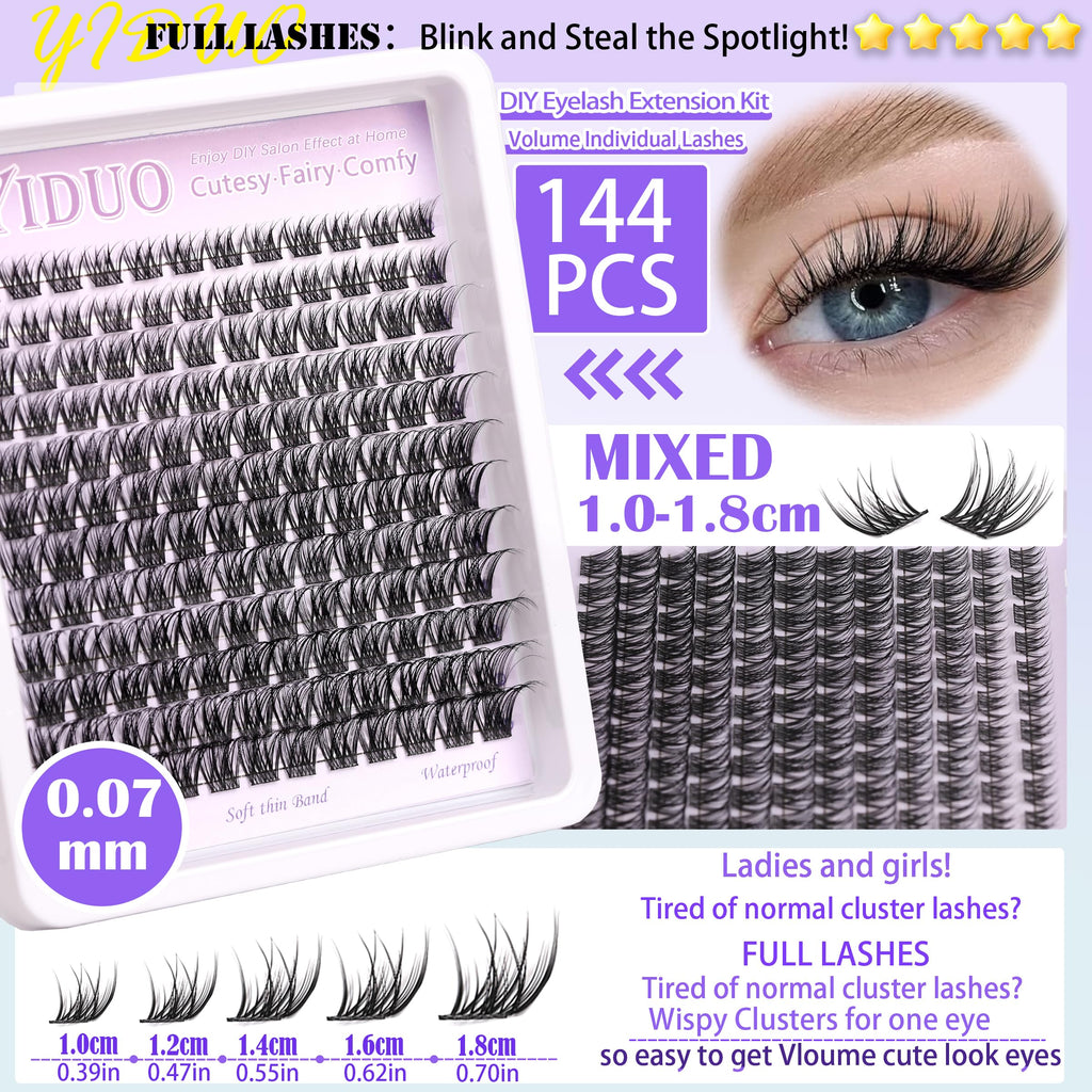 YIDUO YlDUO Lashes Clusters Kit – Natural C/D Curl Wispy Extensions, DIY Kit with Glue x2, Tweezers, Remover, Brush