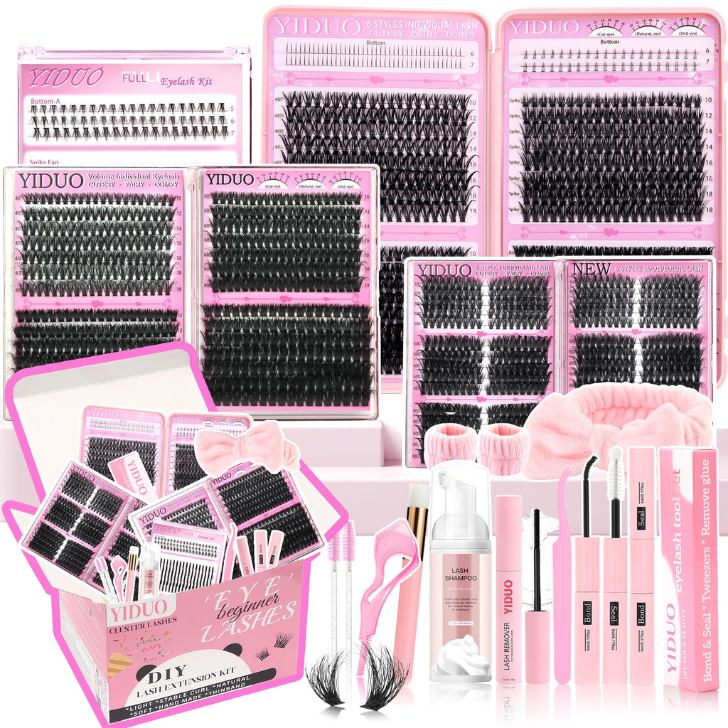 YIDUO Lashes Clusters Kit – 1864 Pcs Bulk Pack Volume False Eyelash Extensions, D Curl Wispy, Studio Effect + Glue, Seal, Tweezers, Remover, Cleanser