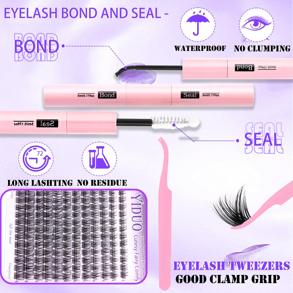 YIDUO YlDUO Lashes Clusters Kit – Natural C/D Curl Wispy Extensions, DIY Kit with Glue x2, Tweezers, Remover, Brush