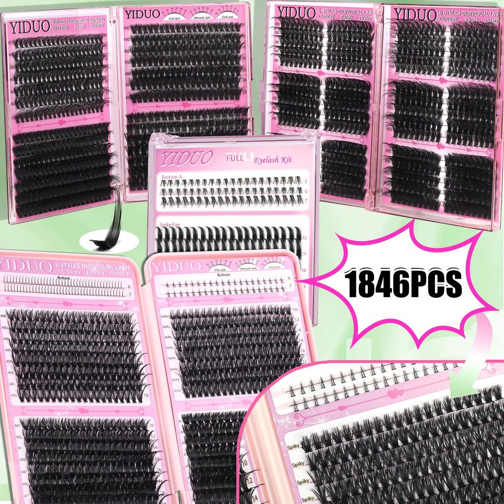YIDUO Lashes Clusters Kit – 1864 Pcs Bulk Pack Volume False Eyelash Extensions, D Curl Wispy, Studio Effect + Glue, Seal, Tweezers, Remover, Cleanser