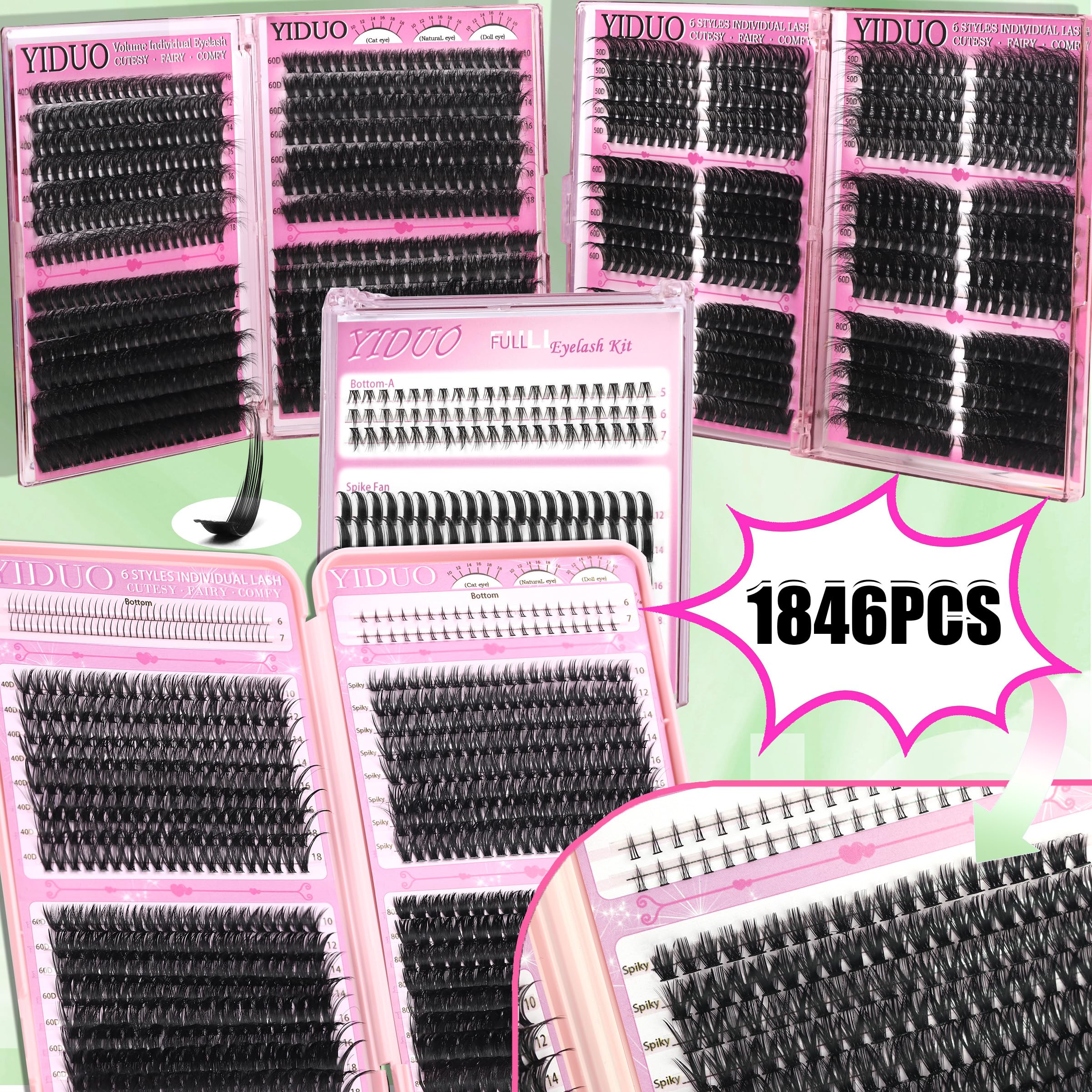 YIDUO Lashes Clusters Kit – 1864 Pcs Bulk Pack Volume False Eyelash Extensions, D Curl Wispy, Studio Effect + Glue, Seal, Tweezers, Remover, Cleanser