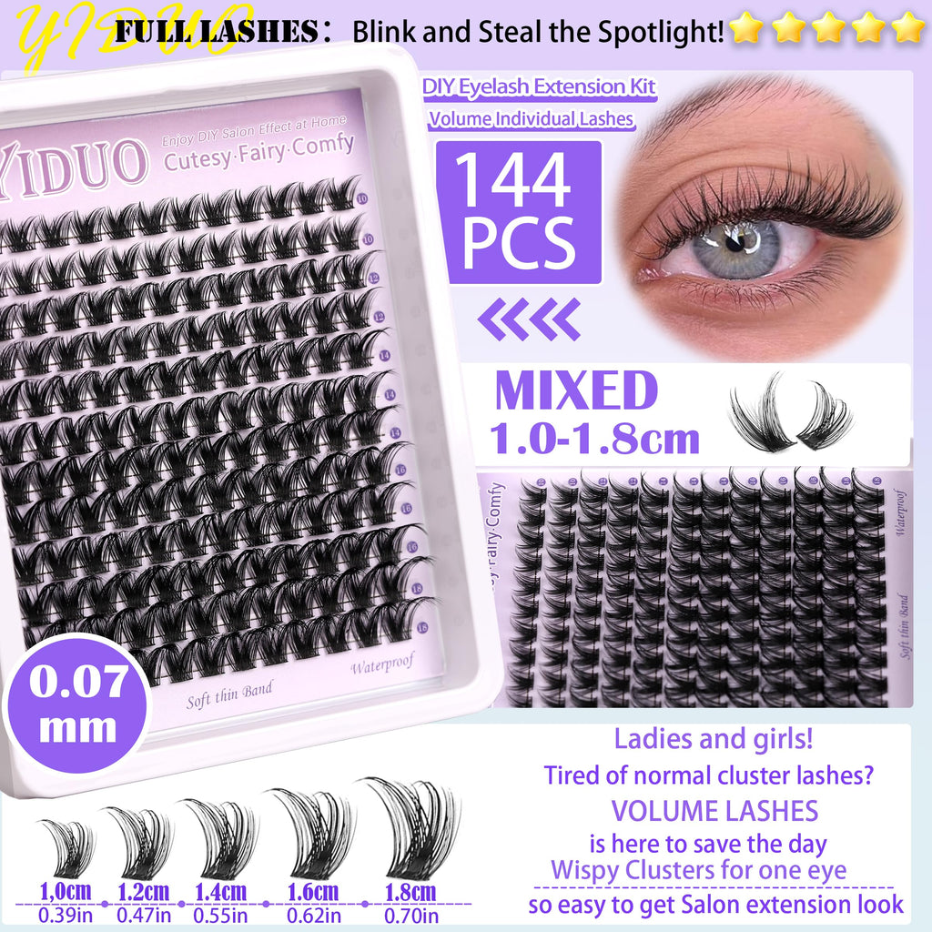YIDUO YlDUO Lashes Clusters Kit – Natural C/D Curl Wispy Extensions, DIY Kit with Glue x2, Tweezers, Remover, Brush