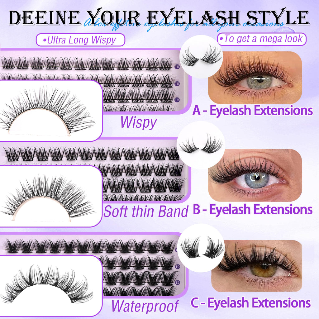 YIDUO YlDUO Lashes Clusters Kit – Natural C/D Curl Wispy Extensions, DIY Kit with Glue x2, Tweezers, Remover, Brush