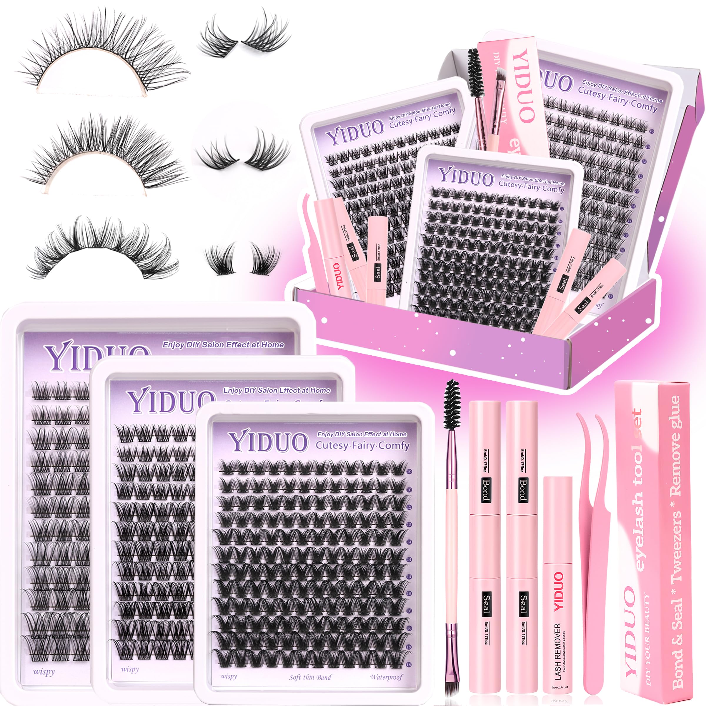 YIDUO YlDUO Lashes Clusters Kit – Natural C/D Curl Wispy Extensions, DIY Kit with Glue x2, Tweezers, Remover, Brush
