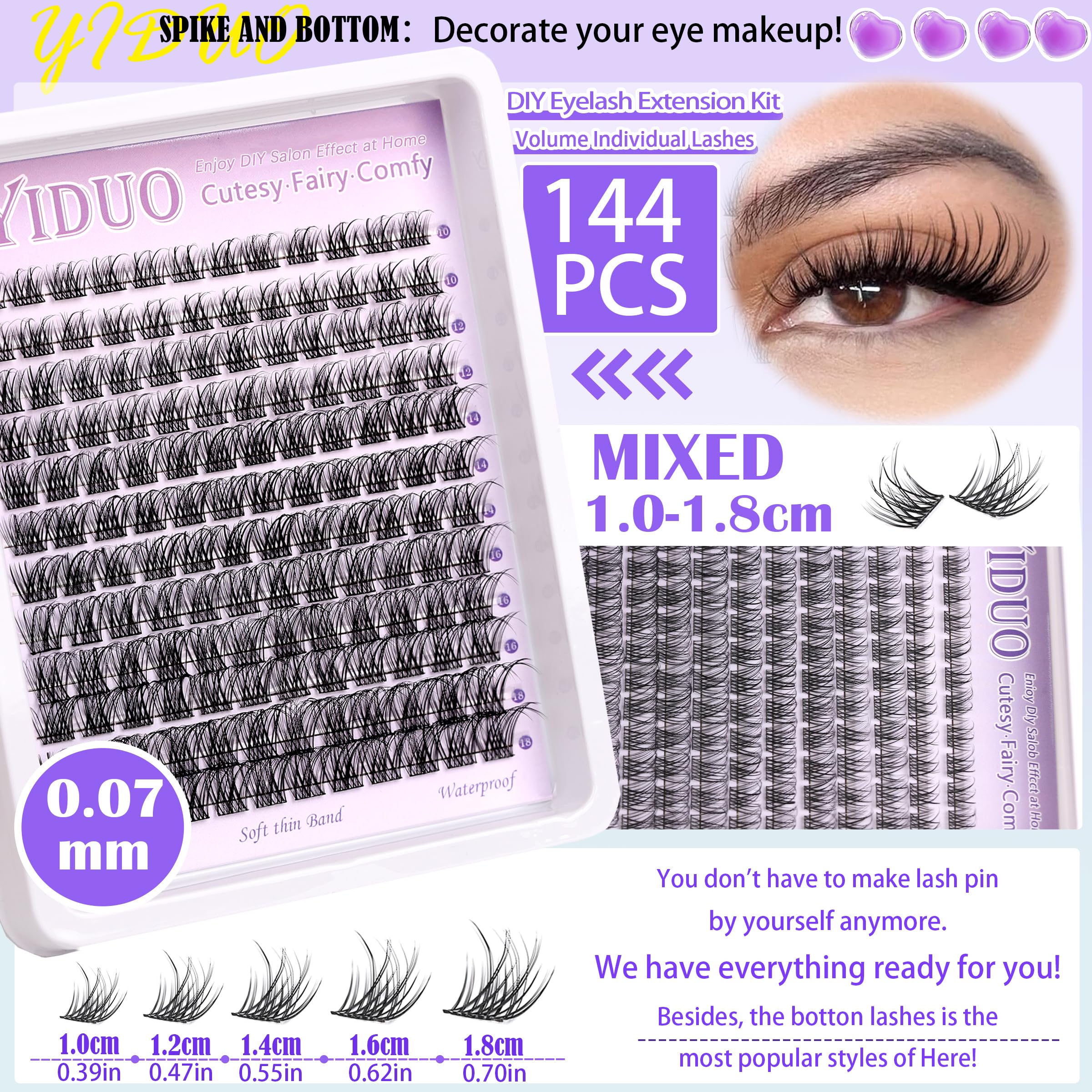 YIDUO YlDUO Lashes Clusters Kit – Natural C/D Curl Wispy Extensions, DIY Kit with Glue x2, Tweezers, Remover, Brush