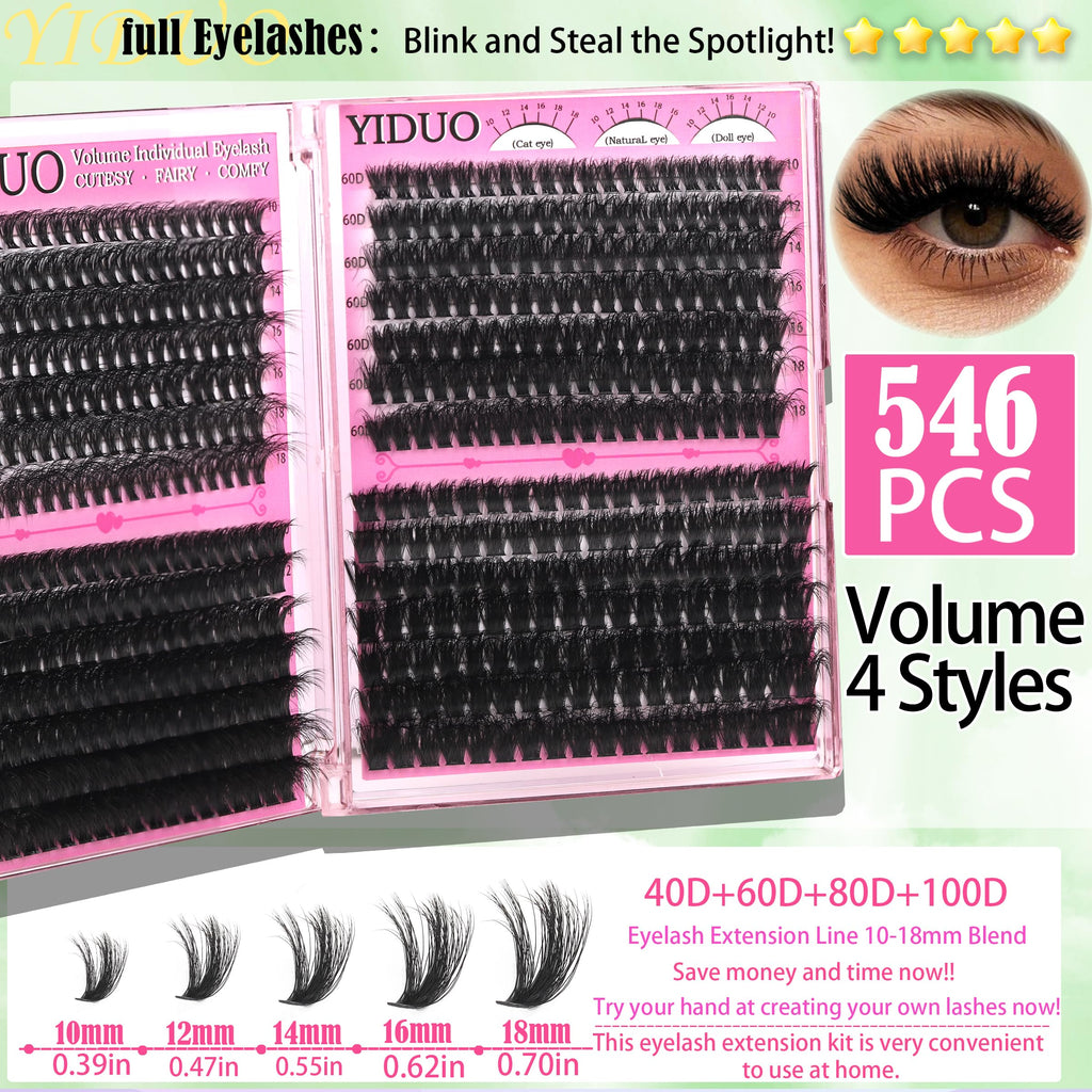 YIDUO Lashes Clusters Kit – 1864 Pcs Bulk Pack Volume False Eyelash Extensions, D Curl Wispy, Studio Effect + Glue, Seal, Tweezers, Remover, Cleanser