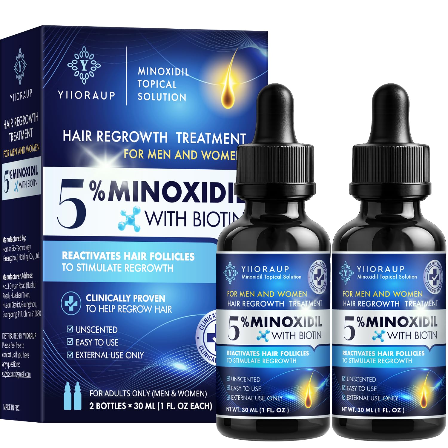 YIIORAUP 5% Minoxidil Hair Growth Solution – Extra Strength Topical for Men & Women (Biotin) – 2-Pack