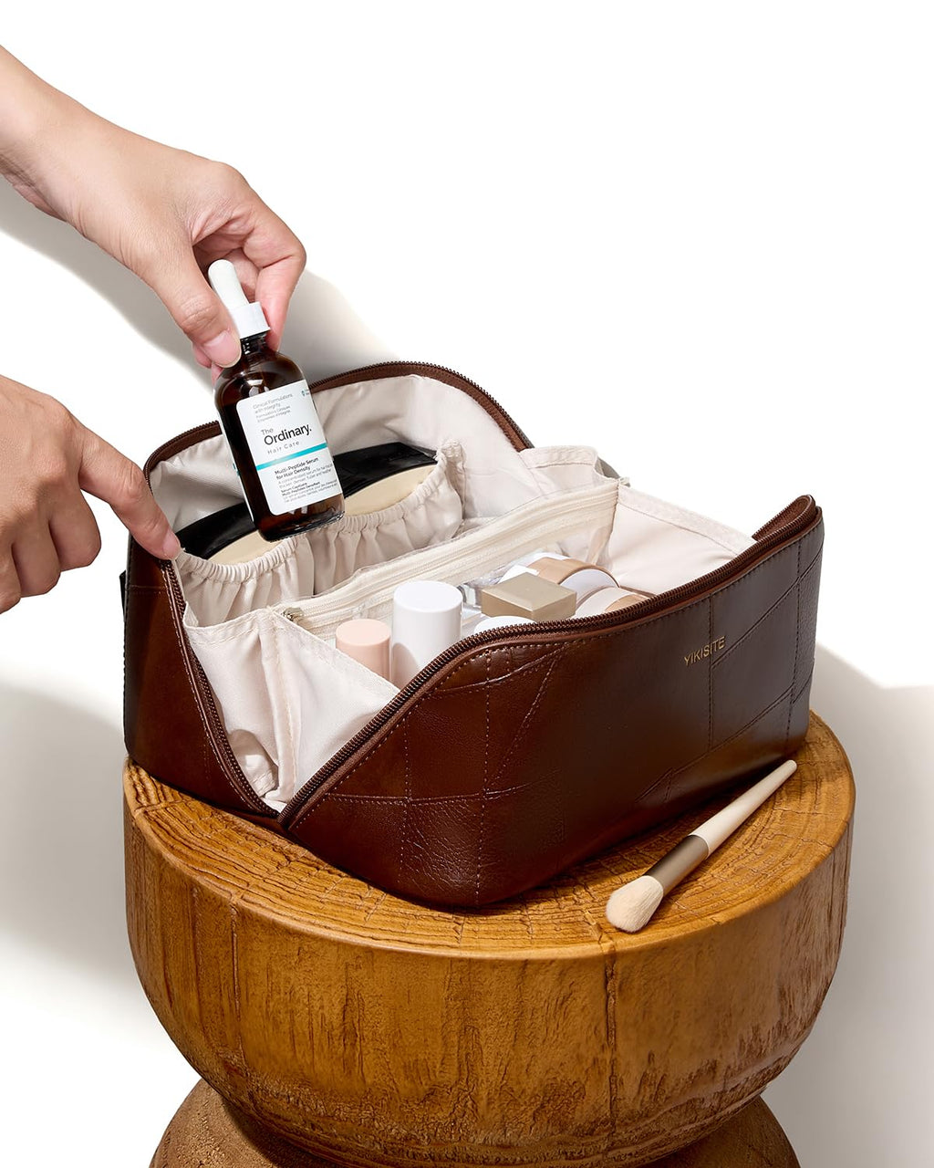 Yikisite Makeup Bag – Travel Cosmetic Organizer with Divider, Waterproof PU Leather Brown