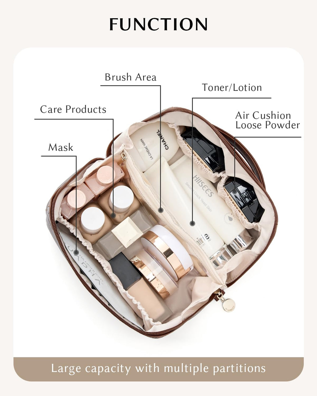 Yikisite Makeup Bag – Travel Cosmetic Organizer with Divider, Waterproof PU Leather Brown