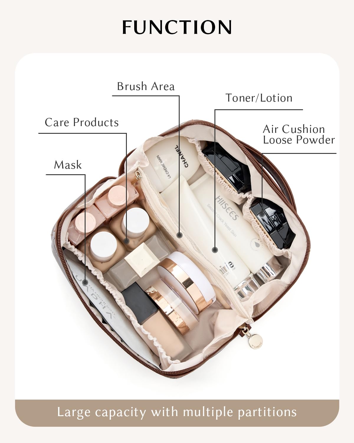 Yikisite Makeup Bag – Travel Cosmetic Organizer with Divider, Waterproof PU Leather Brown