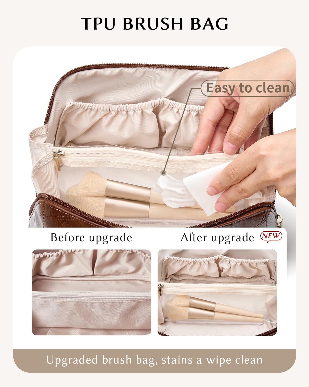 Yikisite Makeup Bag – Travel Cosmetic Organizer with Divider, Waterproof PU Leather Brown