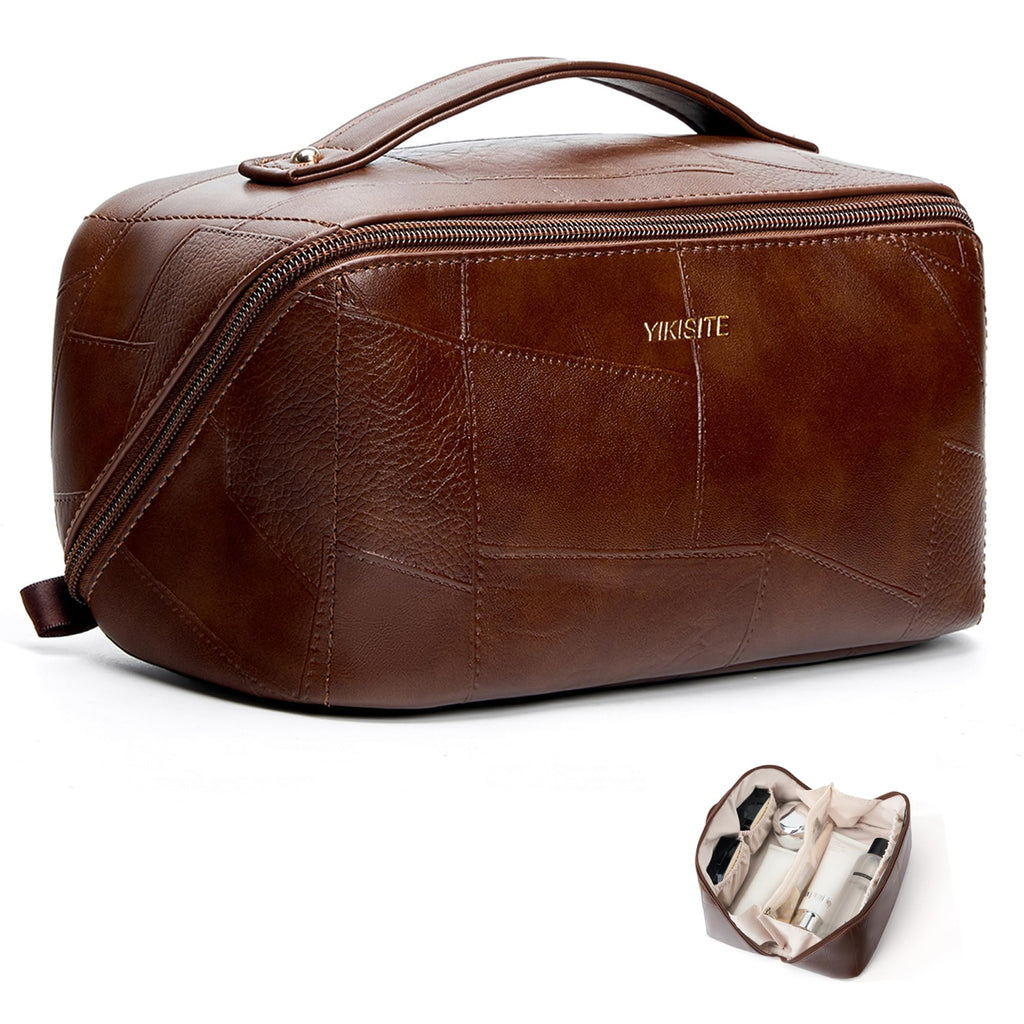 Yikisite Makeup Bag – Travel Cosmetic Organizer with Divider, Waterproof PU Leather Brown