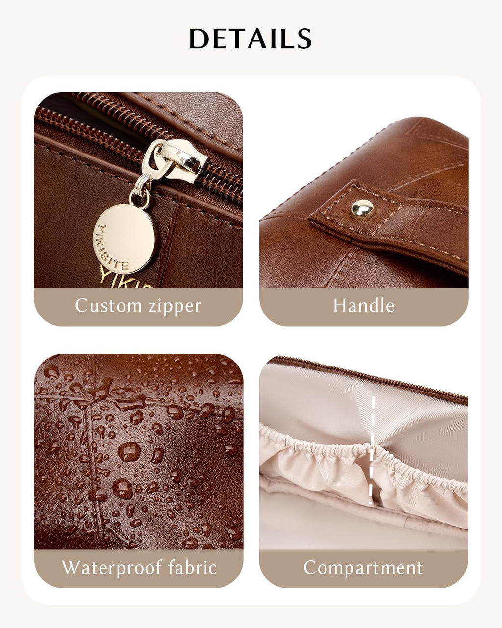 Yikisite Makeup Bag – Travel Cosmetic Organizer with Divider, Waterproof PU Leather Brown