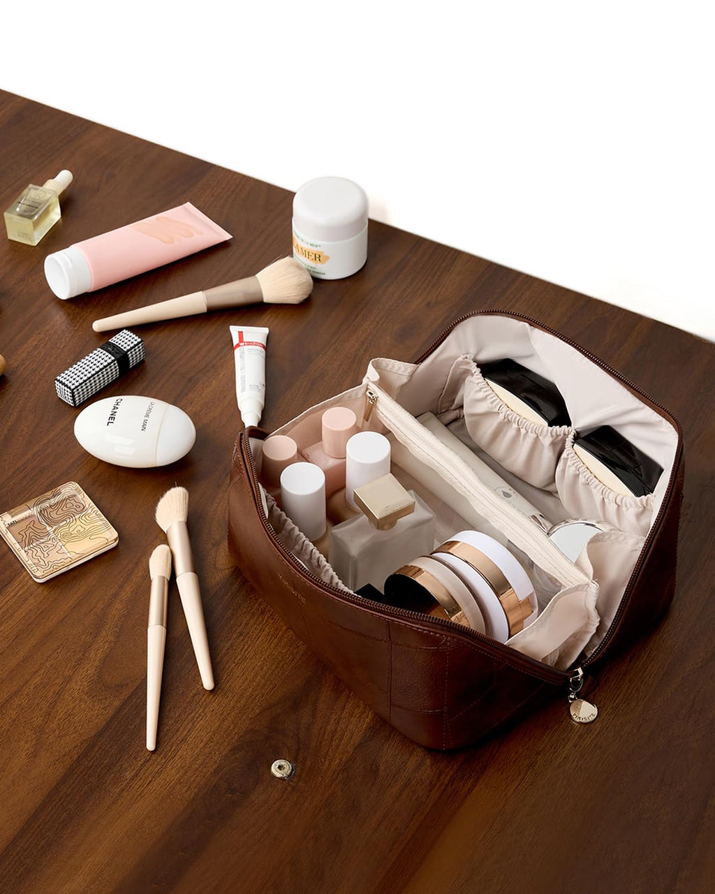 Yikisite Makeup Bag – Travel Cosmetic Organizer with Divider, Waterproof PU Leather Brown