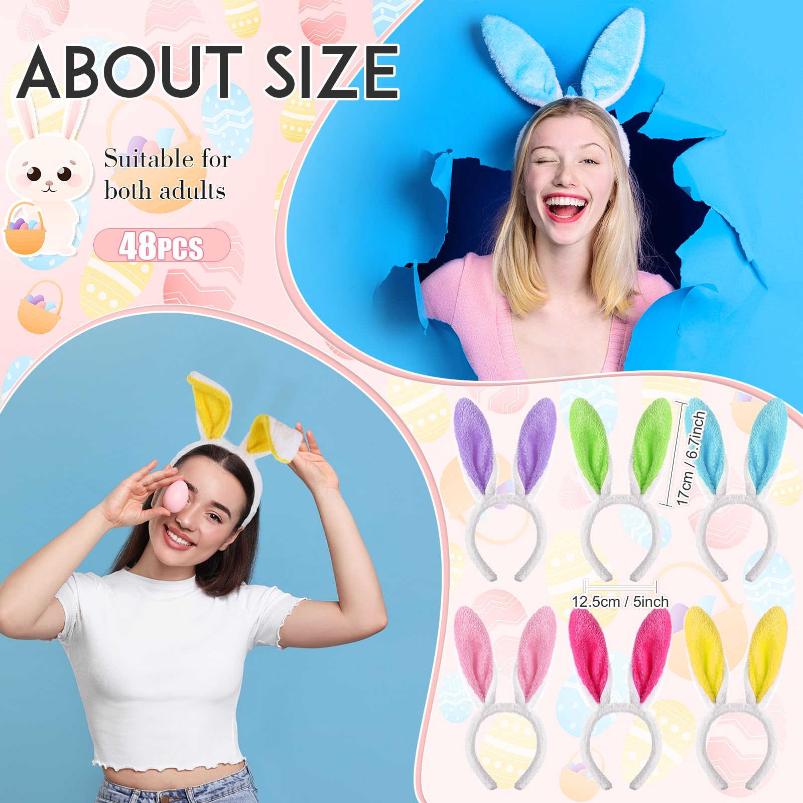 Yinder 48 Pcs Bunny Ears Headbands – Easter Rabbit Hair Hoop for Party Favors & Cosplay (Classic)