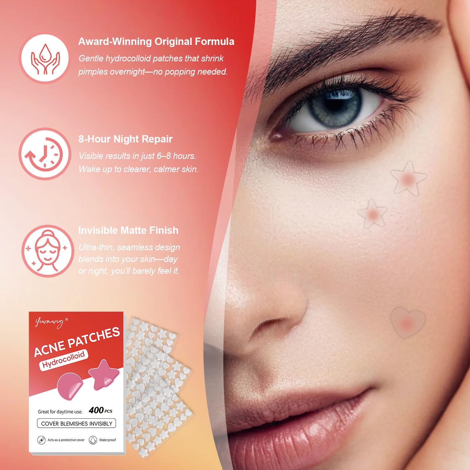 YIWMWIY Pimple Patches for Face - Clear Hydrocolloid Acne Patches with Tea Tree Oil & Salicylic Acid, 400 Count (3 Sizes: 10mm, 12mm, 14mm)