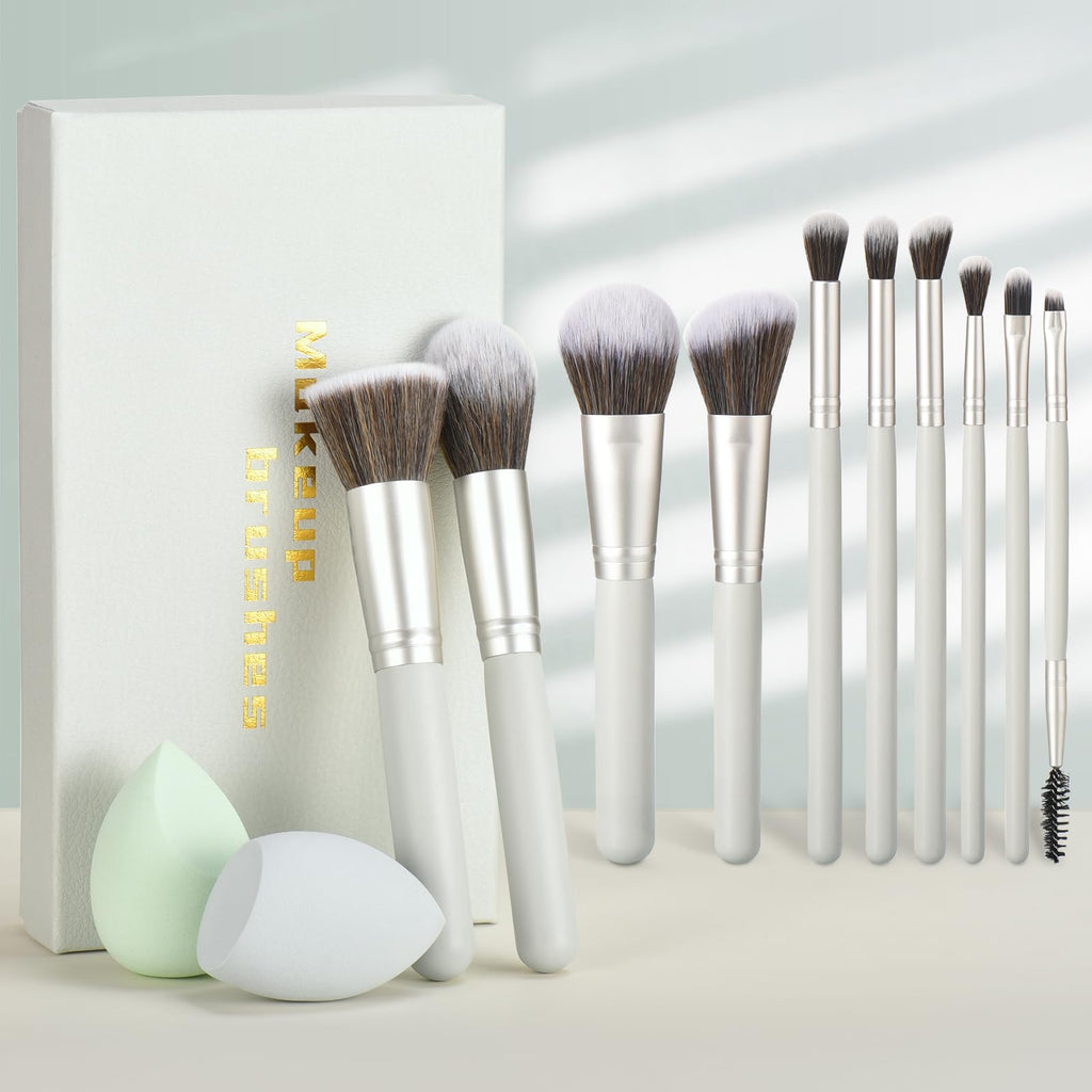YJ-Anyue Gift Ready 14-Piece Grayish Green Makeup Brush Set with Wooden Handles
