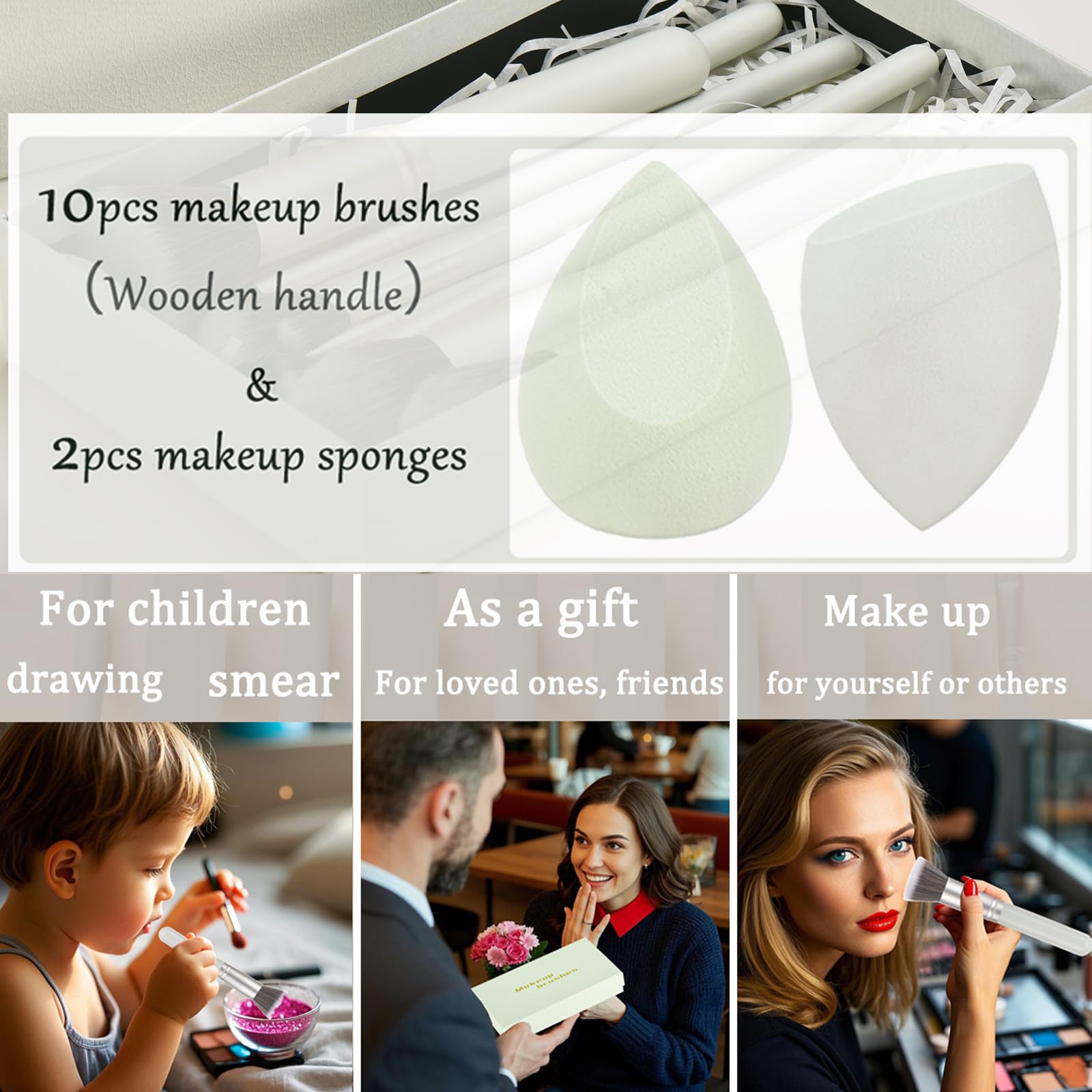 YJ-Anyue Gift Ready 14-Piece Grayish Green Makeup Brush Set with Wooden Handles