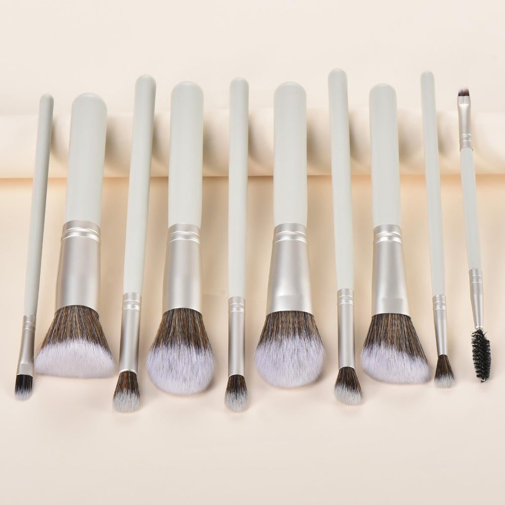 YJ-Anyue Gift Ready 14-Piece Grayish Green Makeup Brush Set with Wooden Handles