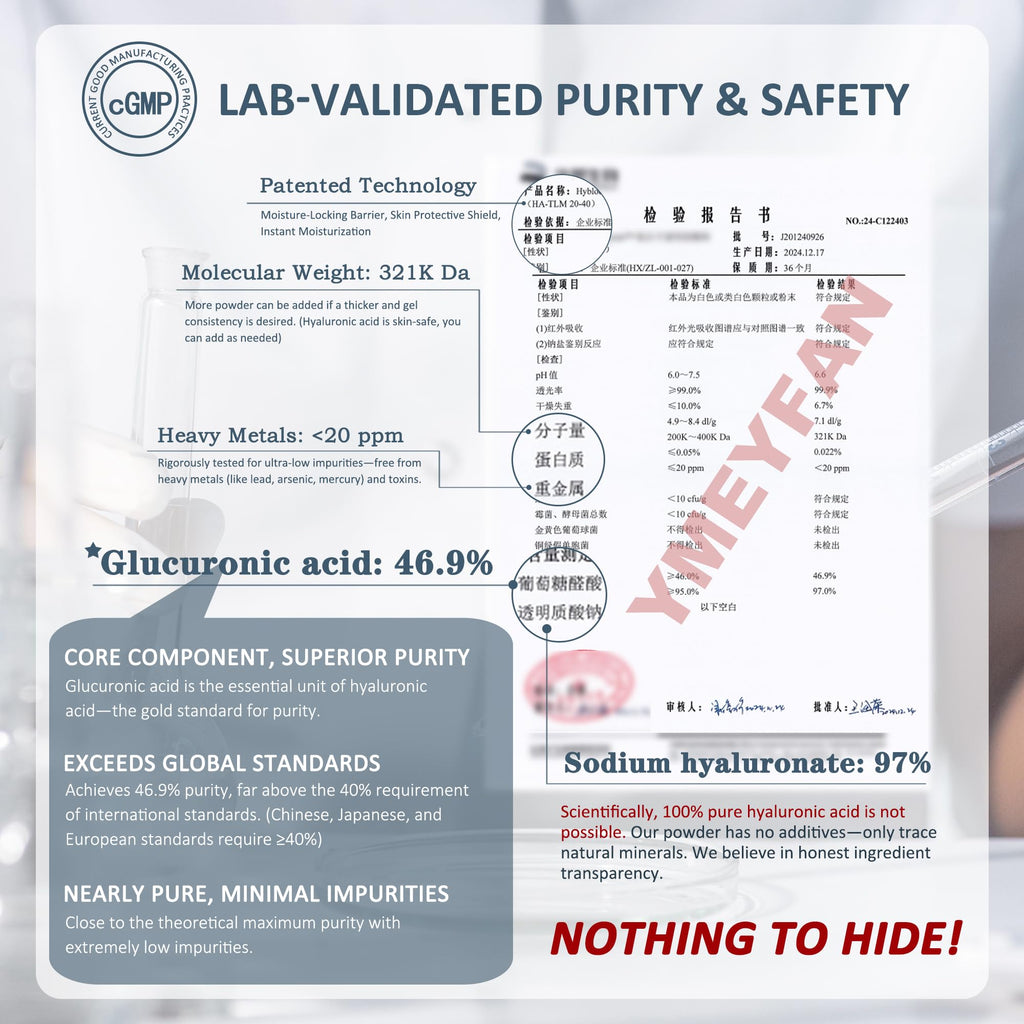 YMEYFAN Pure Hyaluronic Acid Powder for DIY Serums – 33 oz Yield, Cosmetic Grade, Non-GMO