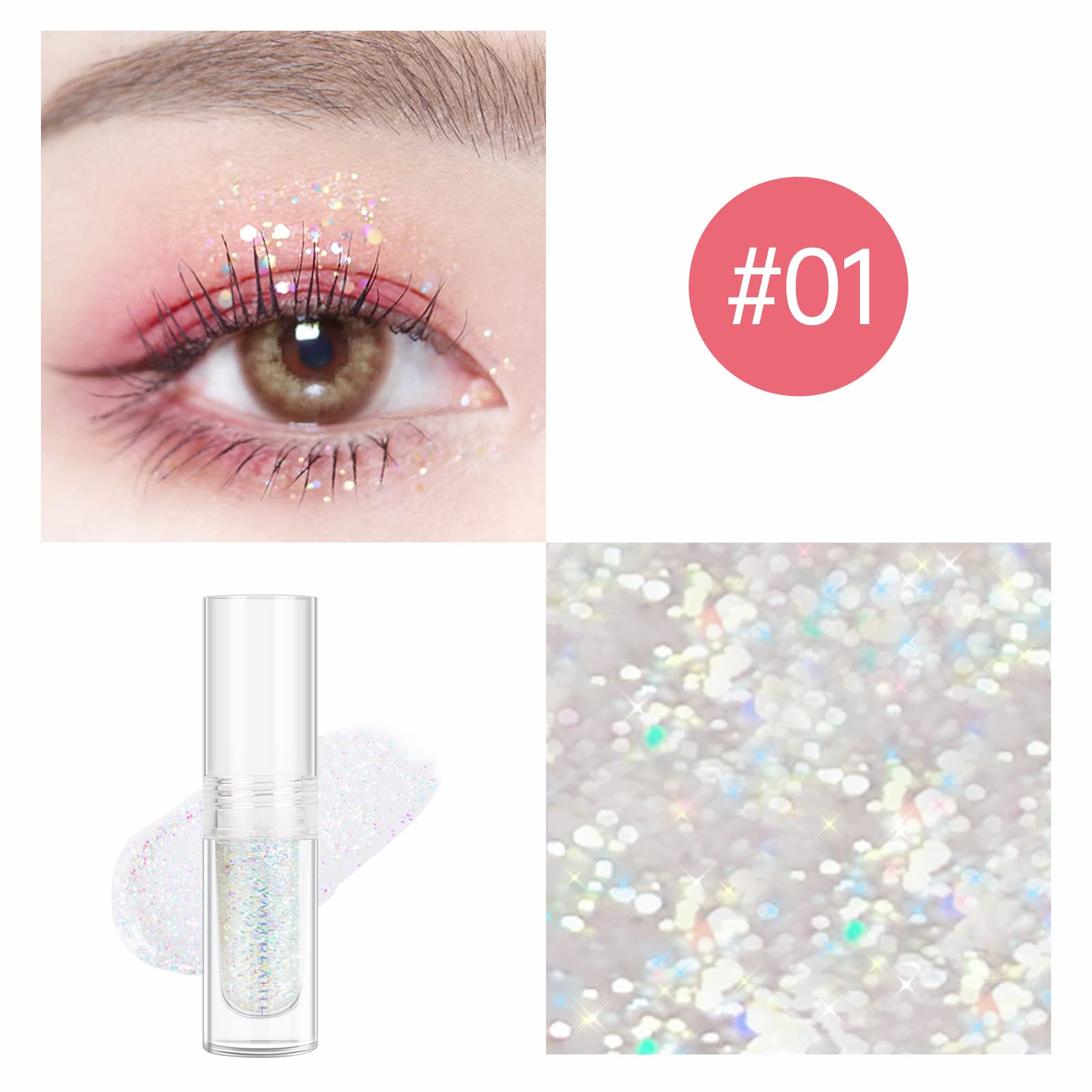 YMH BEAUTE Liquid Glitter Eyeshadow 01 - Pigmented, Quick-Drying, Long-Lasting, Four Color Options