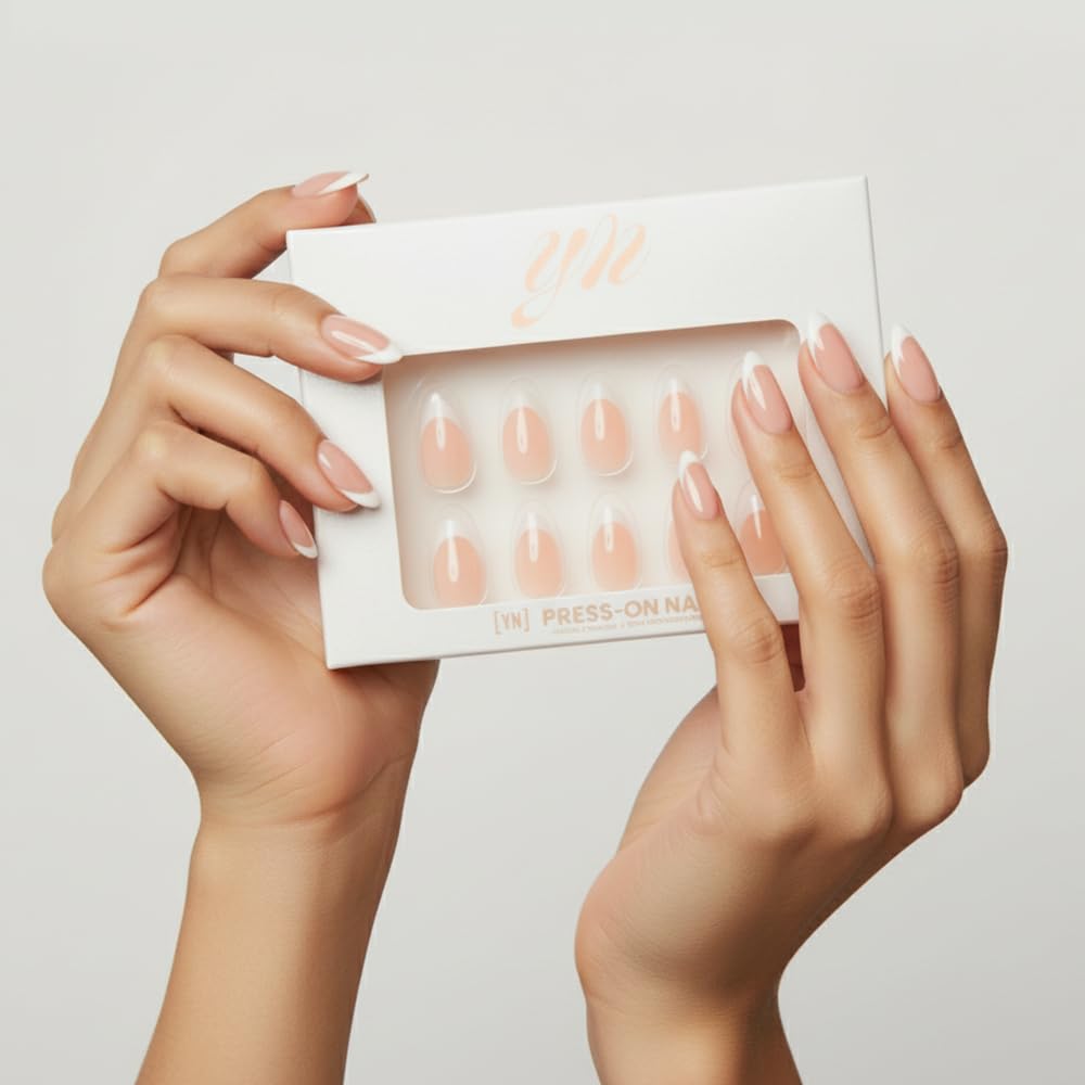 YN Young Nails Press On Nails – Medium Oval Glue-On Kit with All-In-One Tools (Pretty in French)