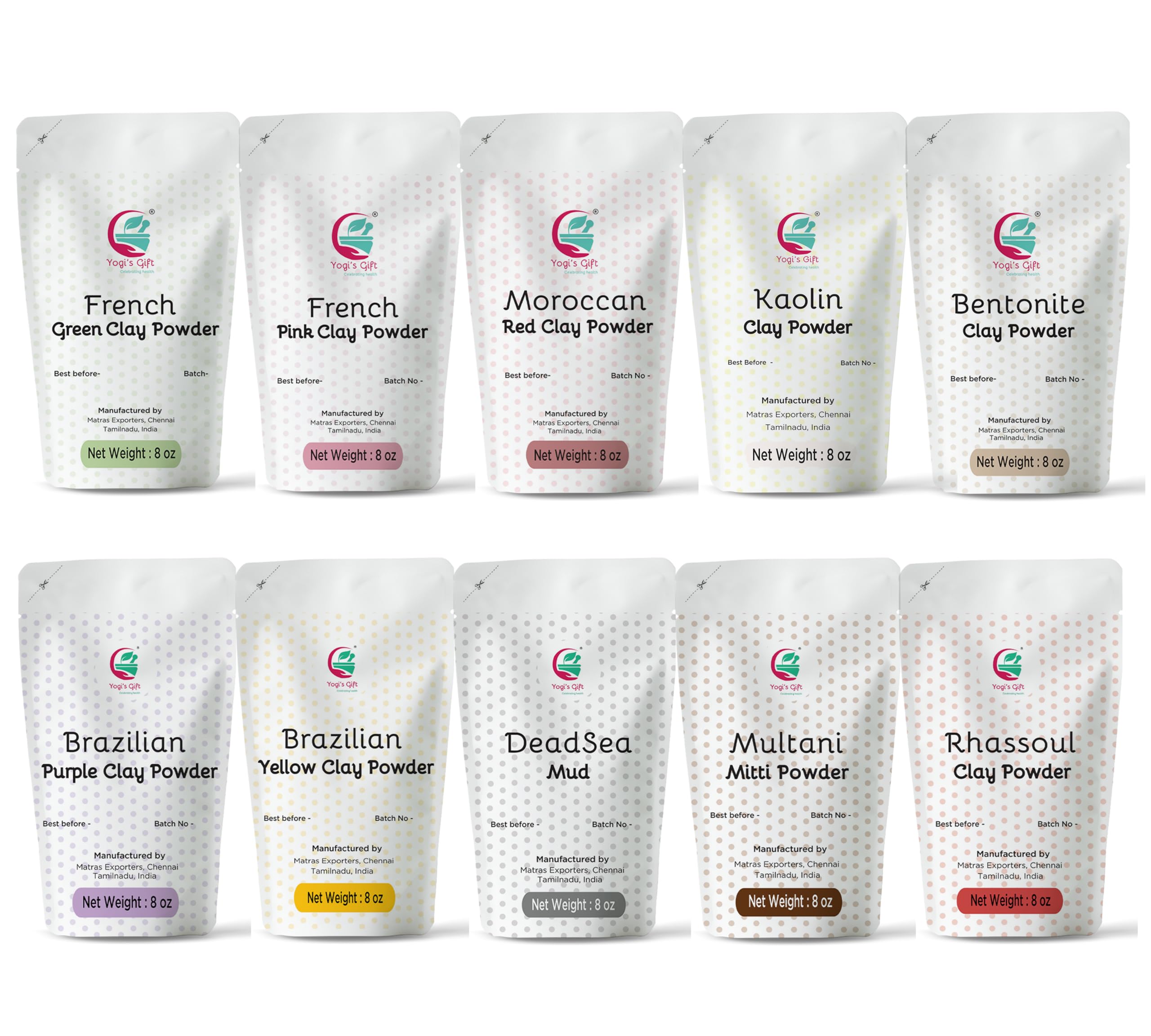 Yogi's Gift: Pack of 10 Clays for Mask & Soap Making – 8oz Each