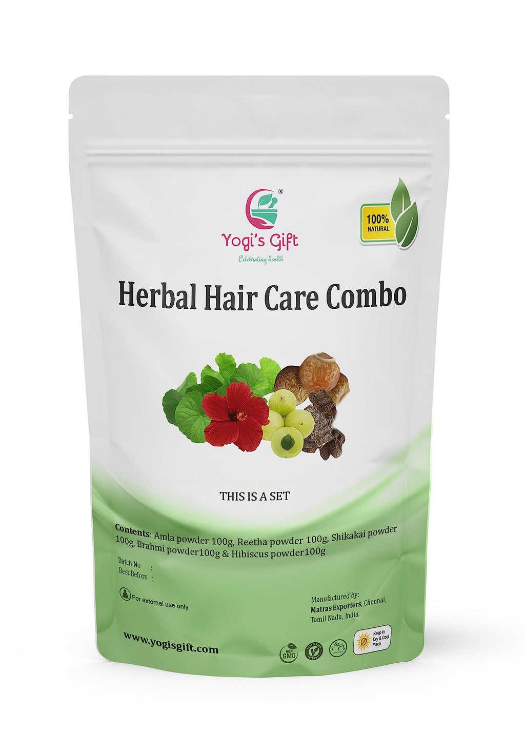 YOGI'S GIFT Celebrating Health Herbal Hair Care Combo Pack (500g) – Ayurvedic Powders: Amla, Reetha, Shikakai, Brahmi & Hibiscus