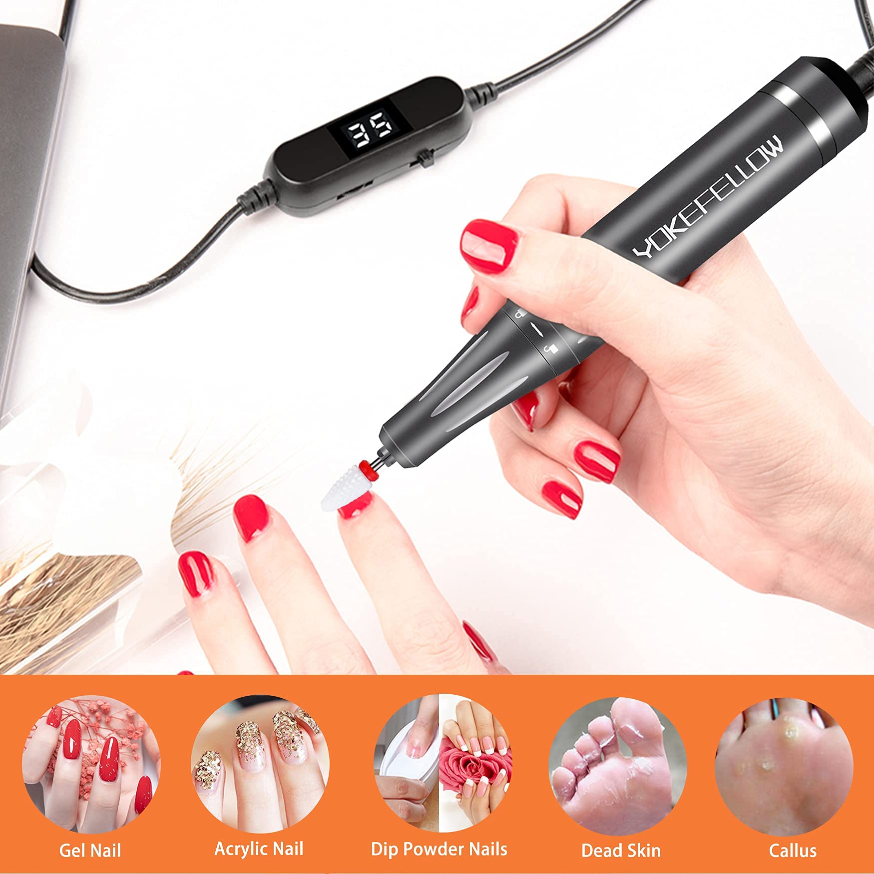YOKE FELLOW Nail Drill Machine 35000RPM – Pro Electric Nail File for Acrylic, Gel, and Pedicure
