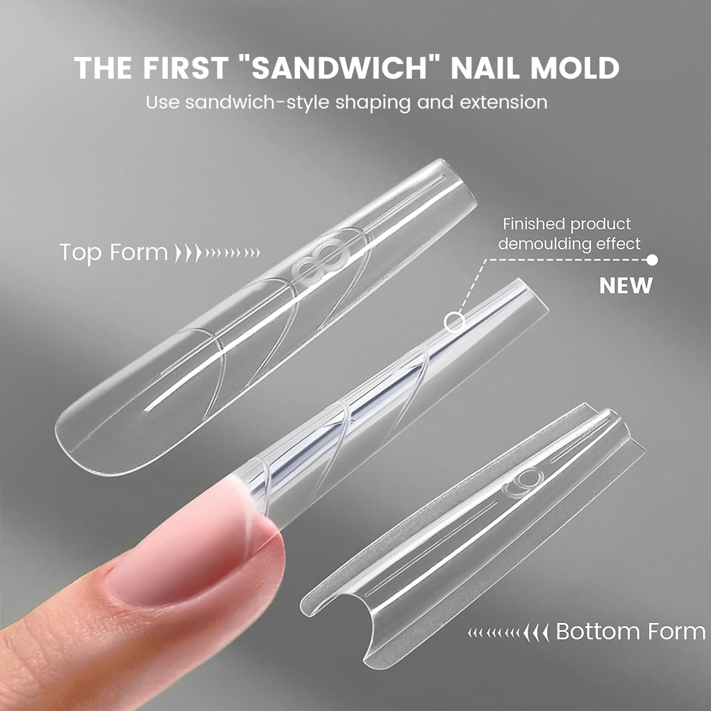 YOKE FELLOW Original Sandwich Nails Dual Forms – 240Pcs, 15 Sizes Long Coffin Nail Mold