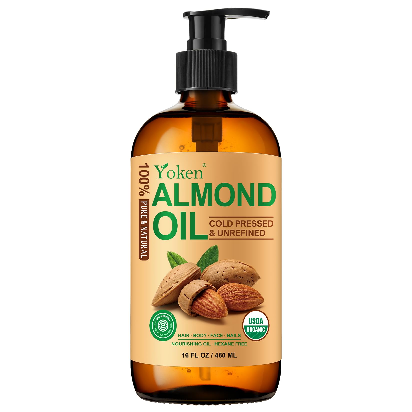Yoken Organic Almond Oil 16 oz – 100% Pure Cold-Pressed in Amber Glass