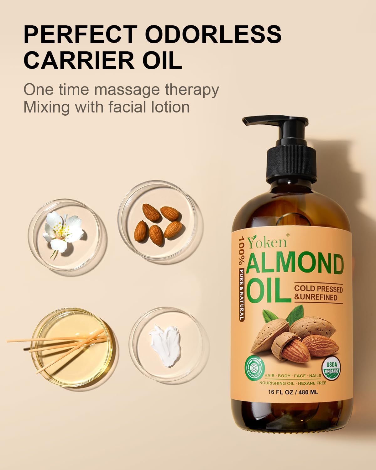 Yoken Organic Almond Oil 16 oz – 100% Pure Cold-Pressed in Amber Glass
