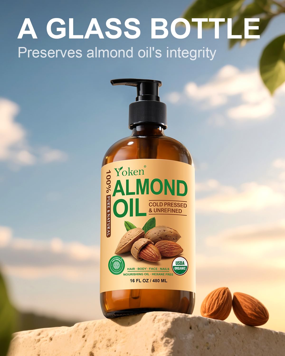 Yoken Organic Almond Oil 16 oz – 100% Pure Cold-Pressed in Amber Glass