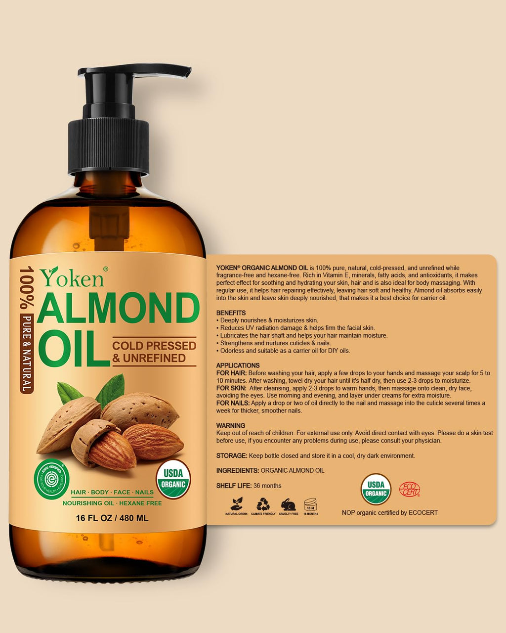 Yoken Organic Almond Oil 16 oz – 100% Pure Cold-Pressed in Amber Glass