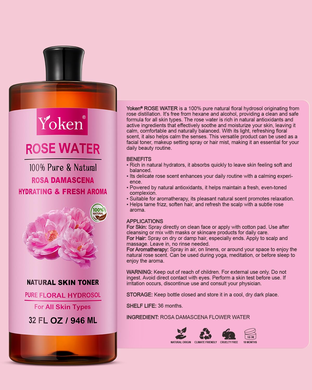 Yoken Pure Rose Water Toner for Face – 32oz Bulk, 100% Rosa Damascena Hydrosol, Alcohol-Free
