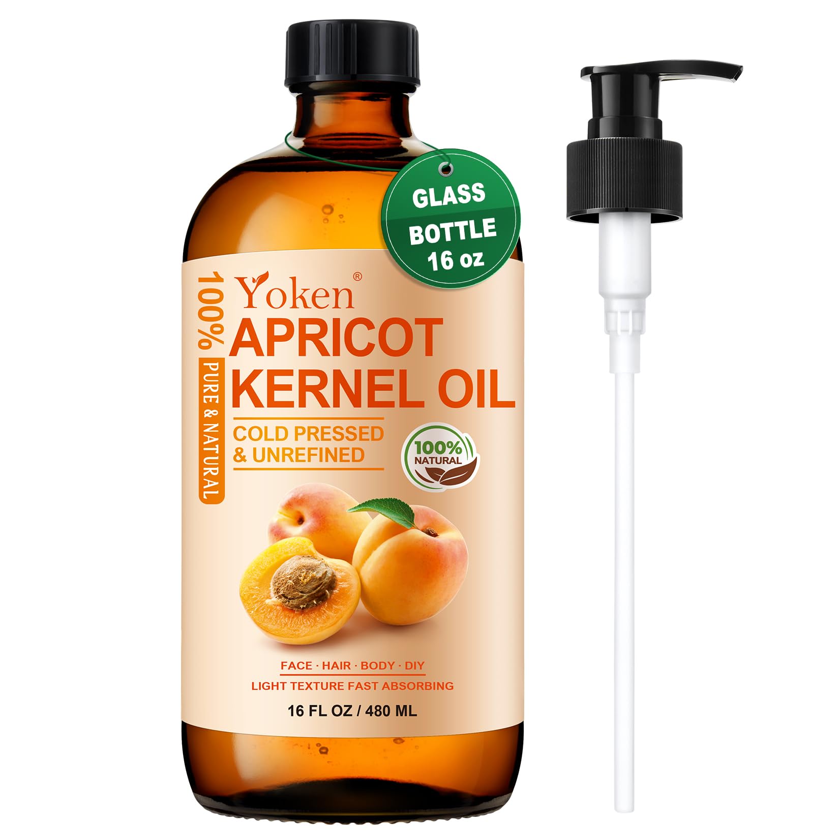 Yoken Cold Pressed Apricot Kernel Oil 16 oz – 100% Pure, Unscented Carrier Oil for Skin & Hair