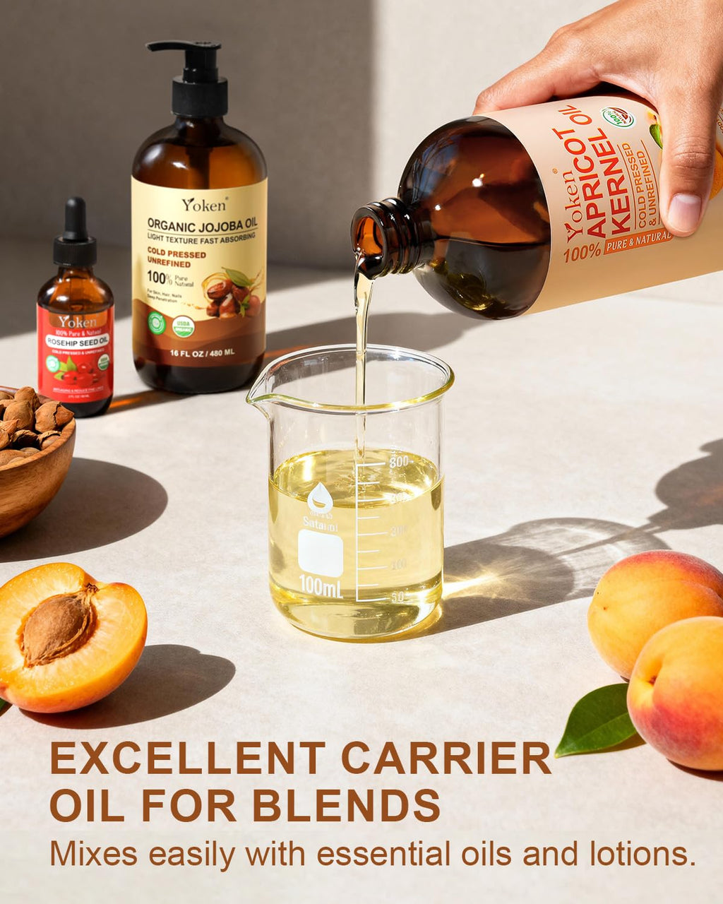 Yoken Cold Pressed Apricot Kernel Oil 16 oz – 100% Pure, Unscented Carrier Oil for Skin & Hair