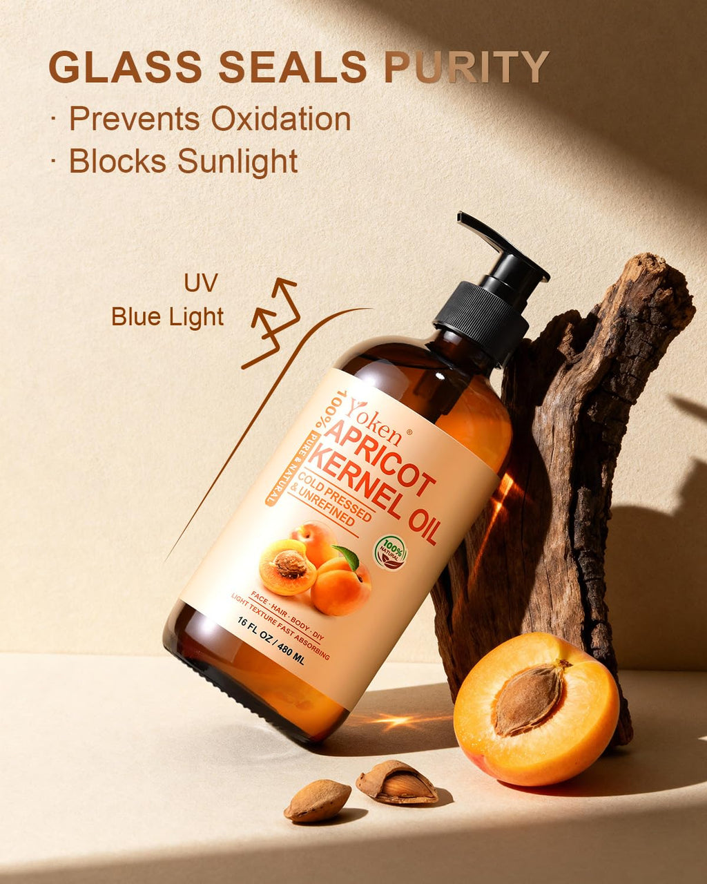 Yoken Cold Pressed Apricot Kernel Oil 16 oz – 100% Pure, Unscented Carrier Oil for Skin & Hair