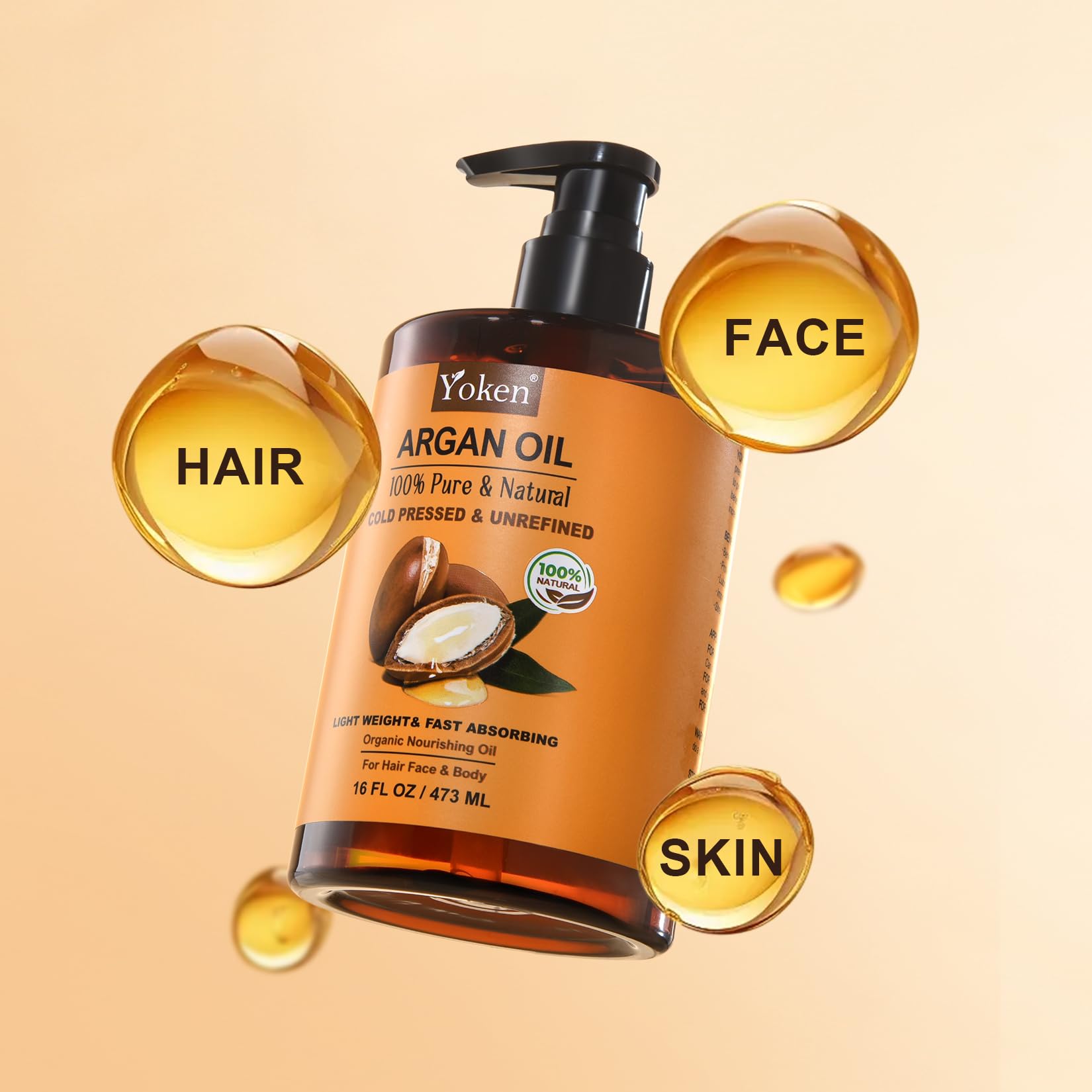 Yoken Pure Argan Oil 16 oz – 100% Natural, Cold-Pressed, Unrefined