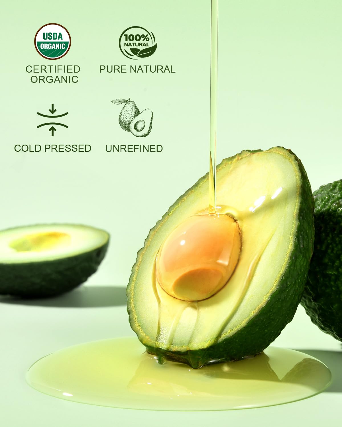 Yoken USDA Organic Avocado Oil, Cold Pressed - 16oz Glass Bottle | Moisturizing, Unscented Carrier Oil for Skin, Hair & Scalp