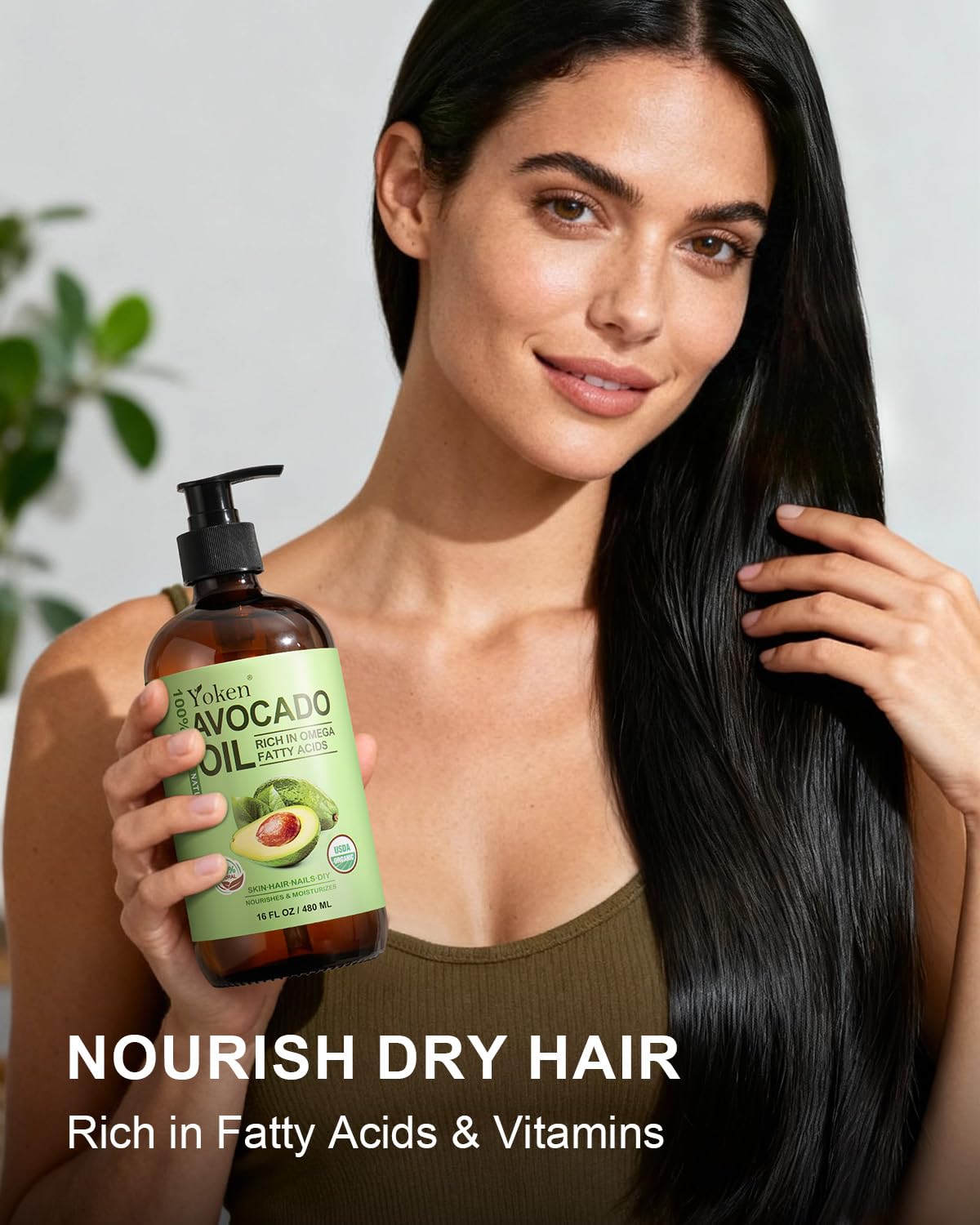 Yoken USDA Organic Avocado Oil, Cold Pressed - 16oz Glass Bottle | Moisturizing, Unscented Carrier Oil for Skin, Hair & Scalp