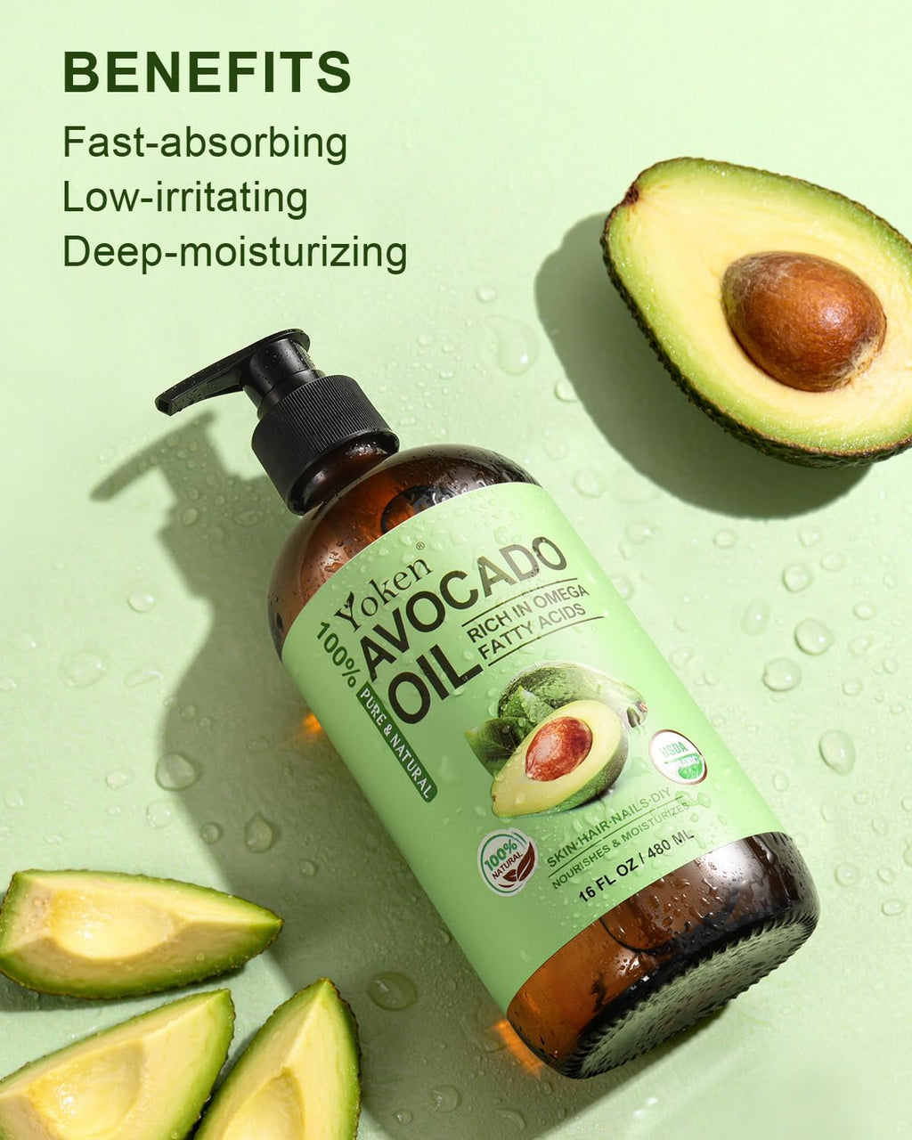 Yoken USDA Organic Avocado Oil, Cold Pressed - 16oz Glass Bottle | Moisturizing, Unscented Carrier Oil for Skin, Hair & Scalp
