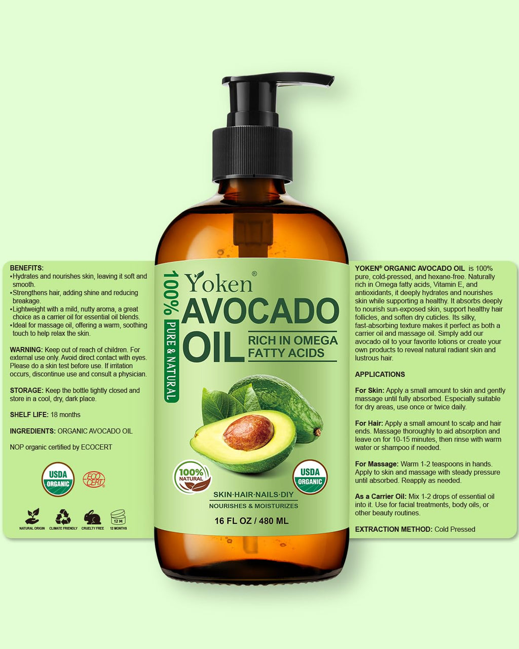 Yoken USDA Organic Avocado Oil, Cold Pressed - 16oz Glass Bottle | Moisturizing, Unscented Carrier Oil for Skin, Hair & Scalp