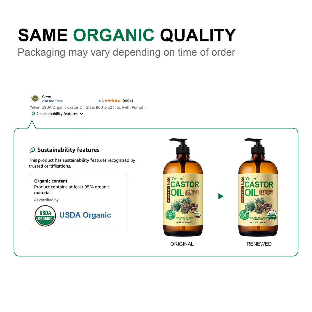 Yoken EWG Verified Castor Oil – 32 oz with Pump, Pure Cold-Pressed, Hexane-Free