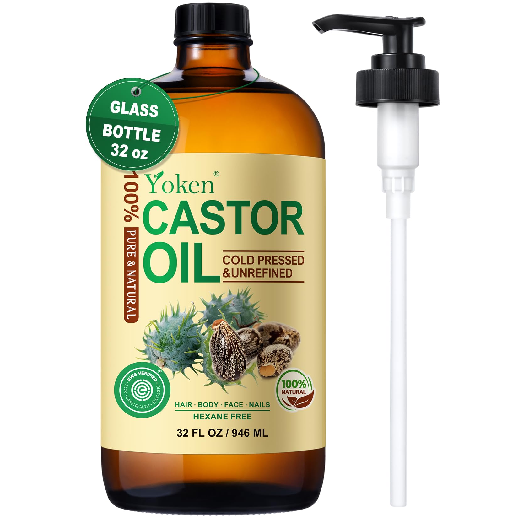 Yoken EWG Verified Castor Oil – 32 oz with Pump, Pure Cold-Pressed, Hexane-Free