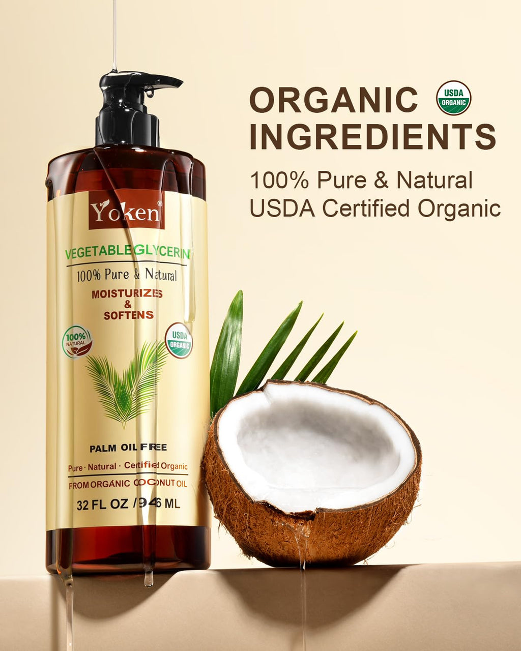Yoken Glycerin Vegetable Glycerin 32 oz – USDA Organic, Coconut-Derived, Palm-Oil Free Carrier Oil