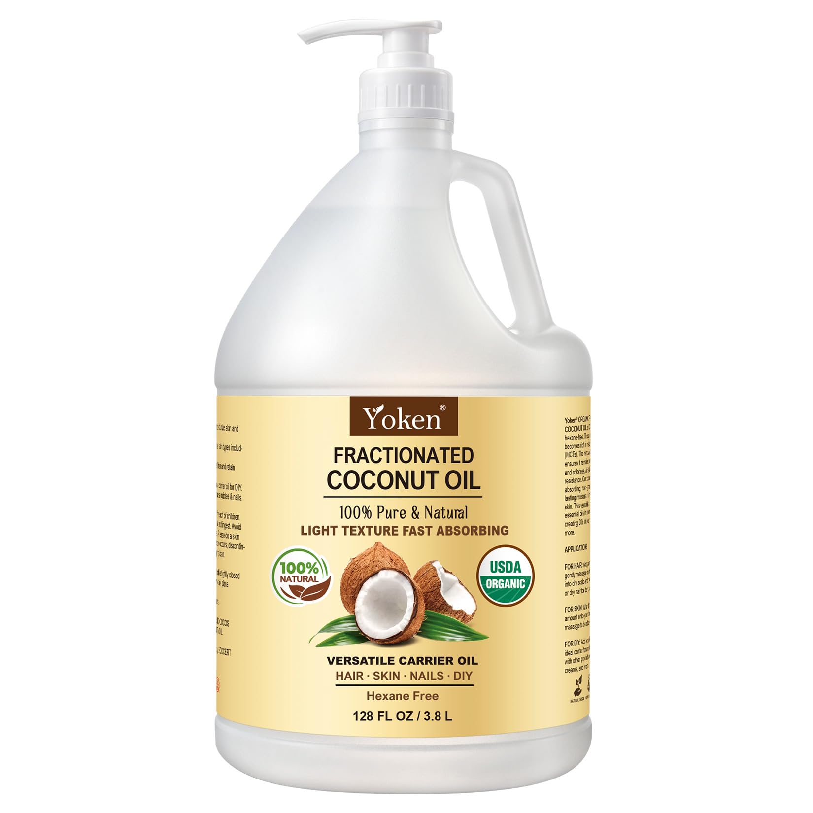 Yoken USDA Organic Fractionated Coconut Oil, 1 Gallon – Unscented, Hexane Free, for Massage & Bulk Use